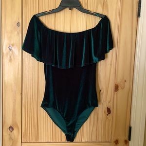 Hunter green velvet off the shoulder body suit